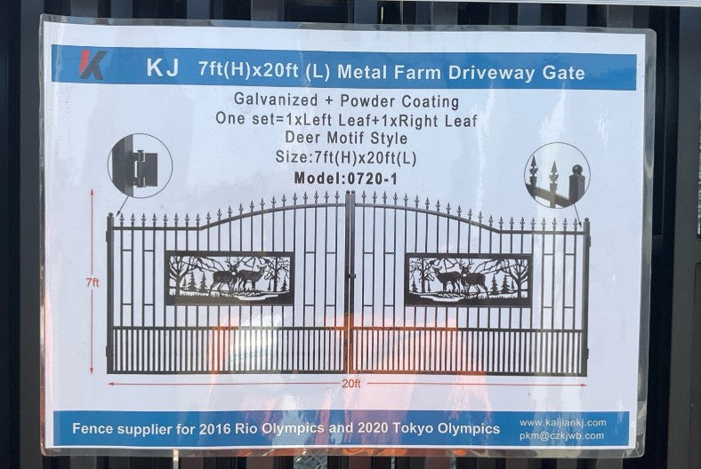 Quantity of (6) 2025 KJ K0720-6 20 ft x 7 ft Wrought Iron Bi-Parting Driveway Gate (Unused)