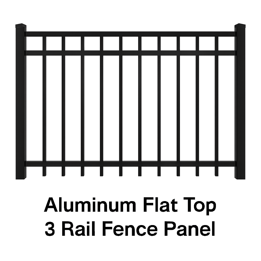 Aluminum Flat Top 3 Rail Fence Panel – Black – 5′ H × 6′ W