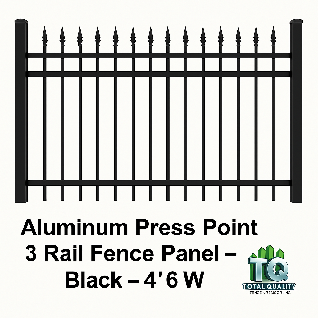 Aluminum Press Point 3 Rail Fence Panel – Black – 4′ H × 6′ W