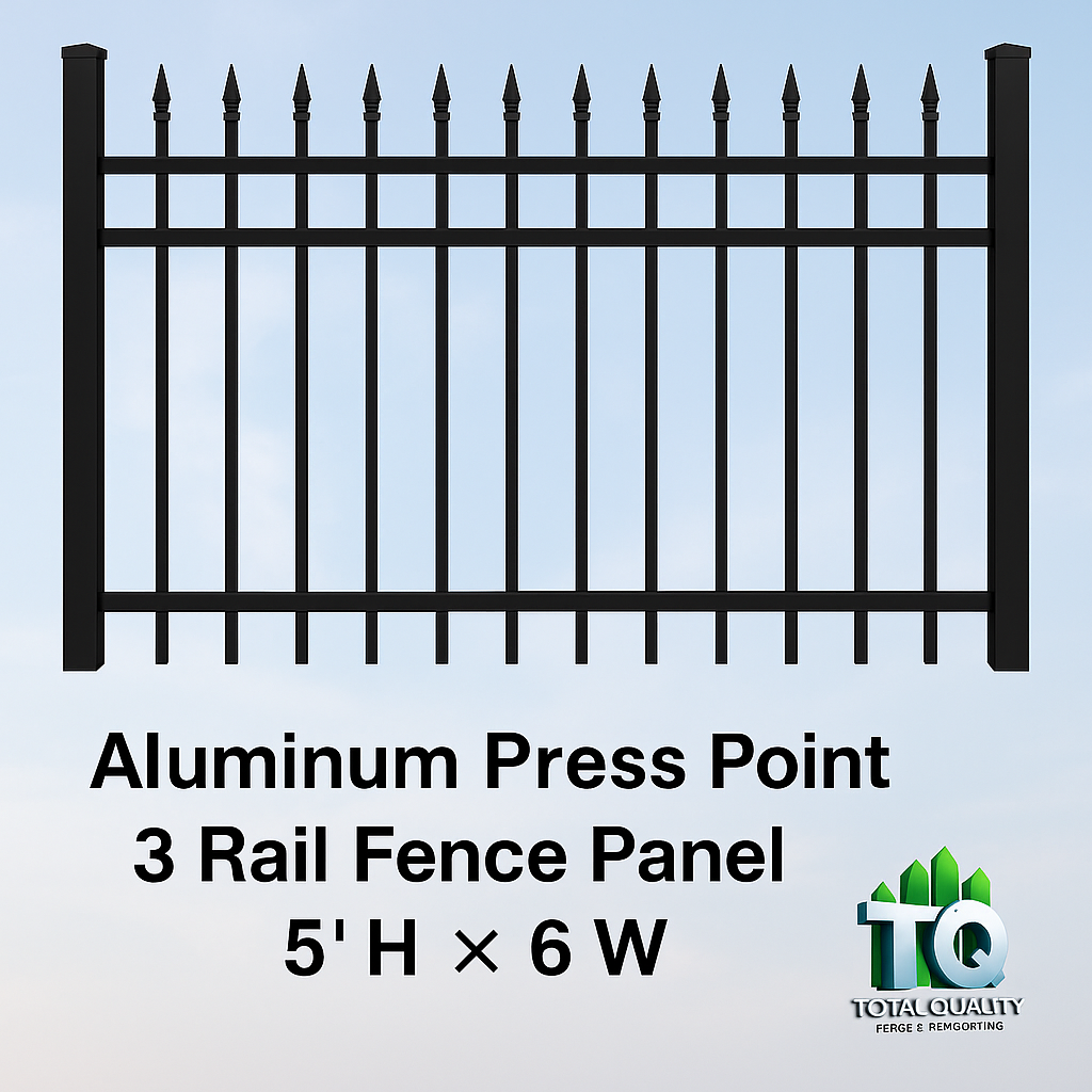 Aluminum Press Point 3 Rail Fence Panel – Black – 5′ H × 6′ W