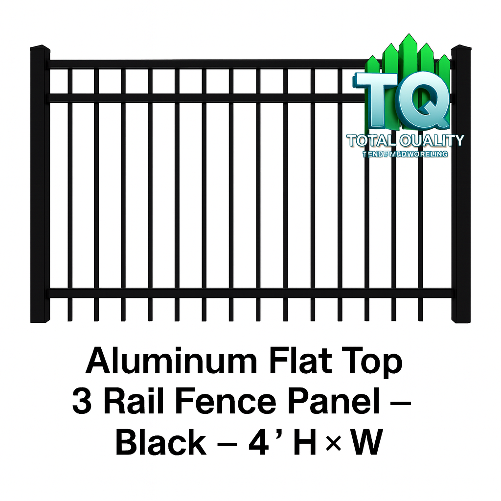 Aluminum Flat Top 3 Rail Fence Panel – Black – 4′ H × 6′ W