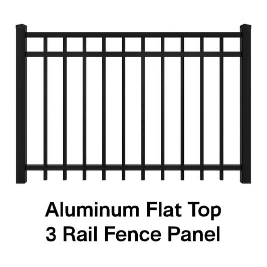 Aluminum Flat Top 3 Rail Fence Panel – Black – 5′ H × 6′ W