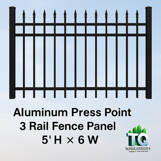Aluminum Press Point 3 Rail Fence Panel – Black – 5′ H × 6′ W