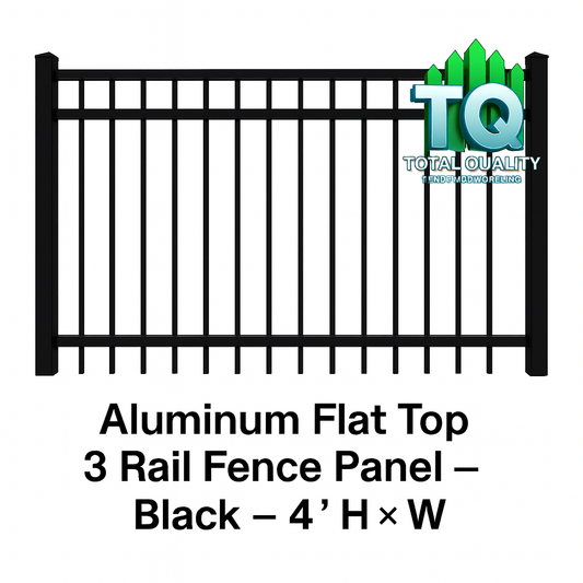 Aluminum Flat Top 3 Rail Fence Panel – Black – 4′ H × 6′ W